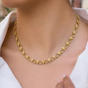 Wholesale Oval Hypoallergenic Necklace For Women With 18K Real Gold Plated 304 Stainless Steel And PVD Coated Cuban Link Chain