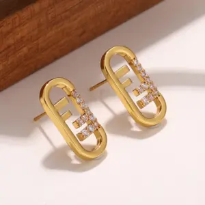 Wholesale Hypoallergenic Letter Stud Earrings For Women In Copper With KC Golden UV Plated Finish And Zircon Inlay