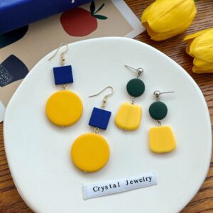 Wholesale Japanese and Korean style fresh contrast color wooden earrings simple geometric round lemon yellow earrings square earrings