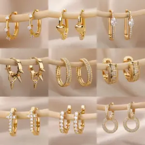 Wholesale Geometric Earrings For Women With Zircon Inlay, 18K Gold Plated On 304 Stainless Steel, 0.03µm Thickness