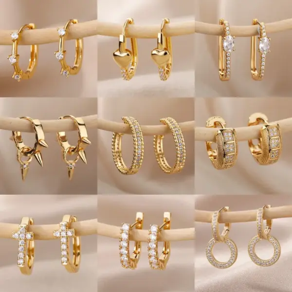 Wholesale Geometric Earrings For Women With Zircon Inlay, 18K Gold Plated On 304 Stainless Steel, 0.03µm Thickness