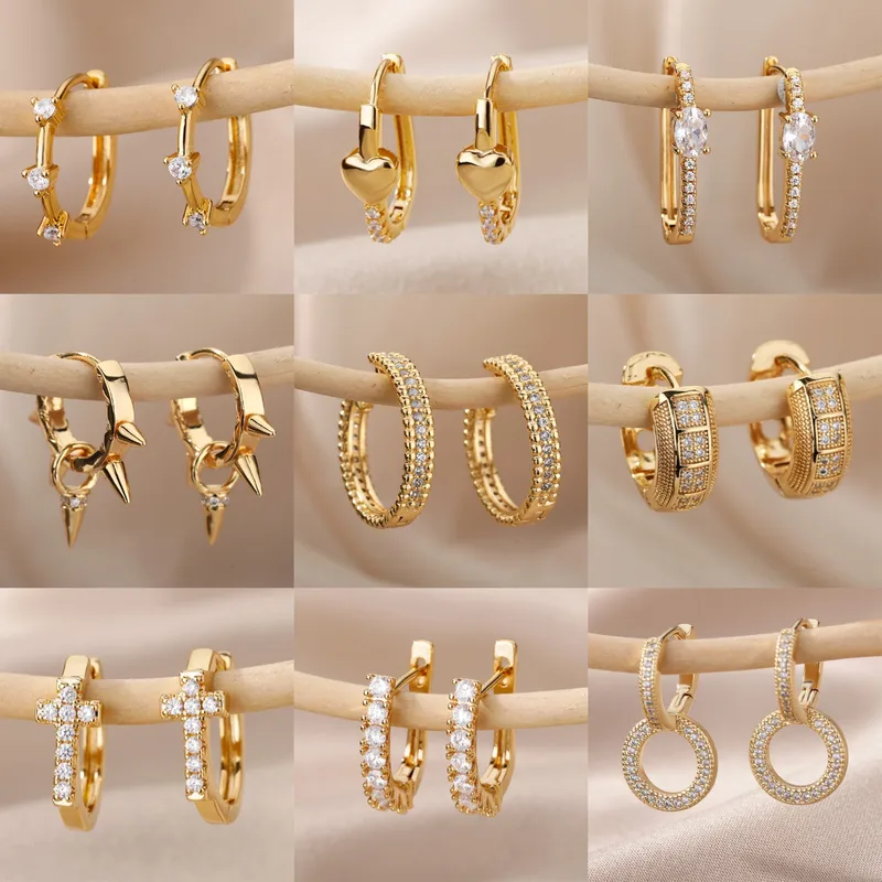 Wholesale Geometric Earrings For Women With Zircon Inlay, 18K Gold Plated On 304 Stainless Steel, 0.03µm Thickness