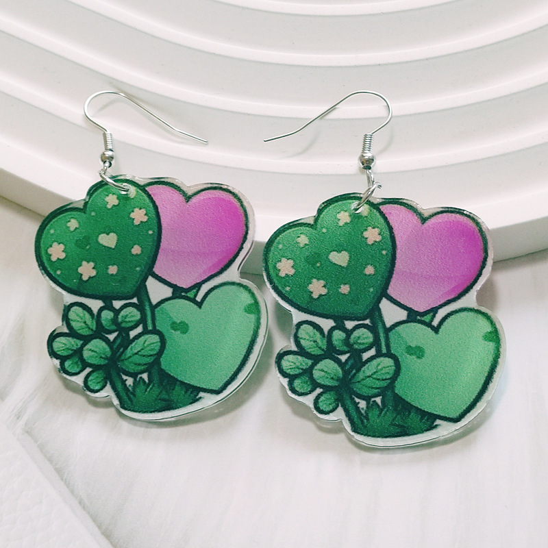 Wholesale European and American New St. Paric festival earrings colorful double-sided heart-shaped earrings green plant clover acrylic earrings