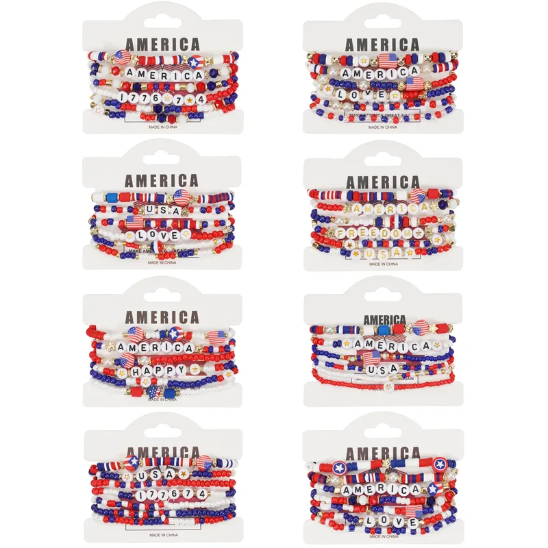 Wholesale Independence Day American Flag Bracelet Beads Handmade Jewelry Unisex Geometric Design Novelty Accessories