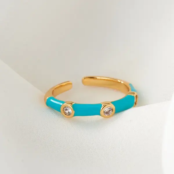 Wholesale Women’s Open Copper Ring With 14K Real Gold Plating And Zircon Inlay Featuring Enamel Color Detail