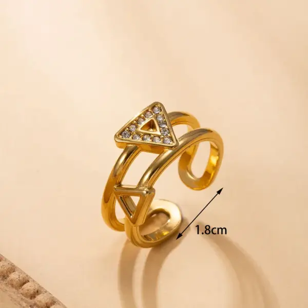 Wholesale Trillion-Cut Open Ring For Women With Bezel Setting, 18K Real Gold Plated PVD Coated 304 Stainless Steel Featuring Rhinestones