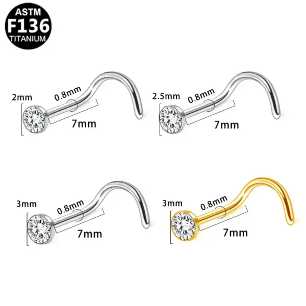 Wholesale 1 Piece Nose Rings & Studs Simple Style Classic Round Square Pure Titanium Alloy Zircon Vacuum Plating 14K Gold Plated White