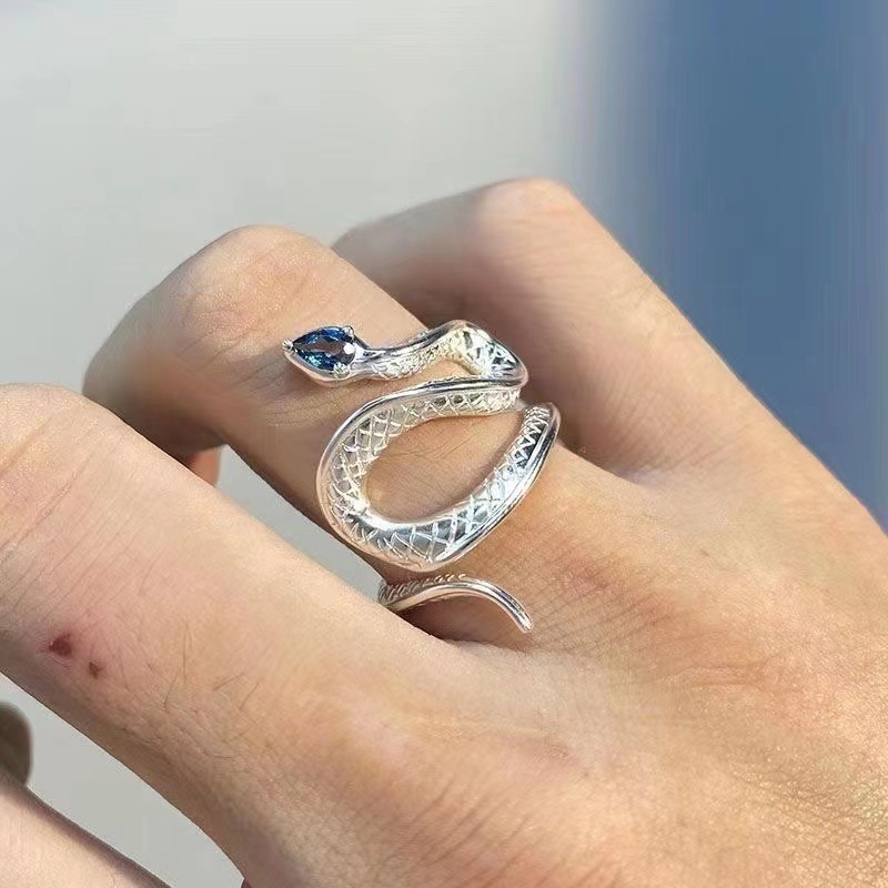Wholesale 2025 Sea Blue Topaz Snake Open Ring Creative Niche Design Ins Cold Light Style Ring