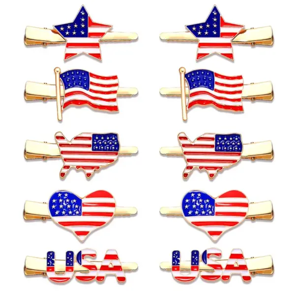 Wholesale NVENF New American Flag Enamel Hair Clip With Rhinestone Stars Heart-shaped Independence Day Women Hair Clip