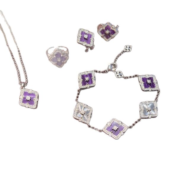 Wholesale Copper four-leaf clover window decoration charoite jewelry set necklace bracelet earring ring