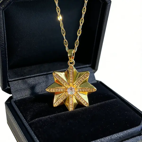 Wholesale Starburst Necklace For Women, Golden Plated 304 Stainless Steel With Zircon Inlay And Cable Chain