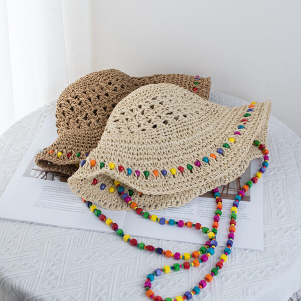 Wholesale Hyun Ya Style Color Wooden Beads Straw Hat Women's Summer Big Hat Straw Weaves Fisherman's Hat Foldable Seaside Sunshade and Sunscreen Hat