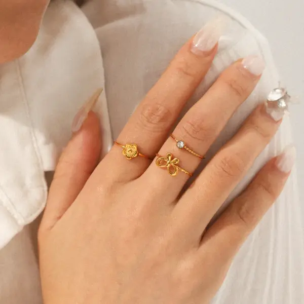 Wholesale 304 Stainless Steel Flower Bow Knot PVD Coated Zircon 18K Gold 18K Real Gold Plated IG Style Simple Style Waterproof Non Tarnish Inlay Gold Open Rings