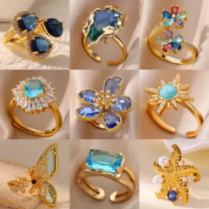 Wholesale Copper Geometric Flower Butterfly PVD Coated Zircon Elegant Retro Waterproof Non Tarnish Plating Open Rings
