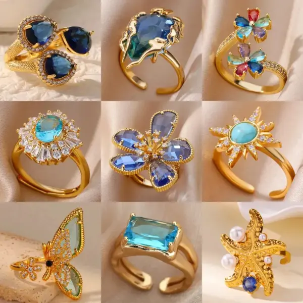 Wholesale Copper Geometric Flower Butterfly PVD Coated Zircon Elegant Retro Waterproof Non Tarnish Plating Open Rings