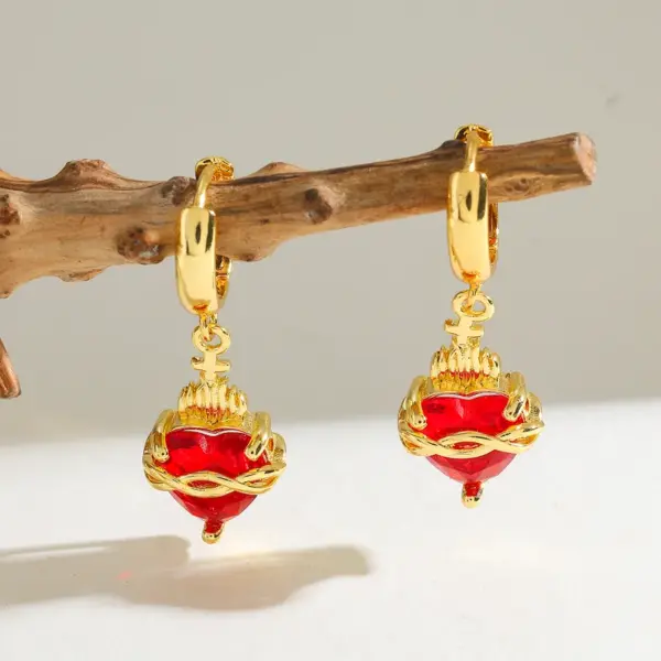 Wholesale 18K Gold Plated Copper Zircon Cherry Heart Oil Drop Art Earrings For Women