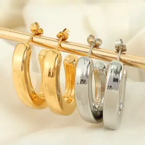Wholesale 304 Stainless Steel C Shape Oval PVD Coated Real Gold Plated 18K Gold Simple Style Waterproof Non Tarnish Plating Ear Studs