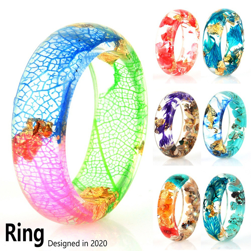 Wholesale Foreign Trade New Dried Flower Resin Ring Forest Style Small Fresh Handmade Dried Flower Gold Foil Fine Glue Ring