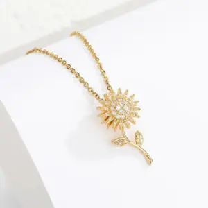 Wholesale Basic Classic Style Sunflower Titanium Steel Inlay Zircon Pendant Necklace