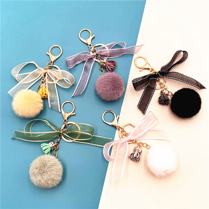 Wholesale Cute Bow Keychain Lace Fur Ball Bag Plush Pendant Cartoon Car Keychain Small Gift Accessories