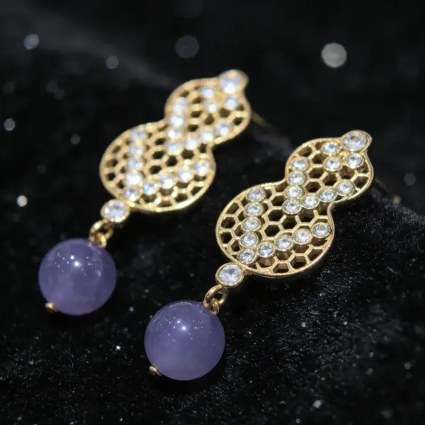 Wholesale Women’s Tassel Stud Earrings With Micro-Pavé Craft, 18K Real Gold Plated Brass Featuring February Birthstone Amethyst And UV Plating