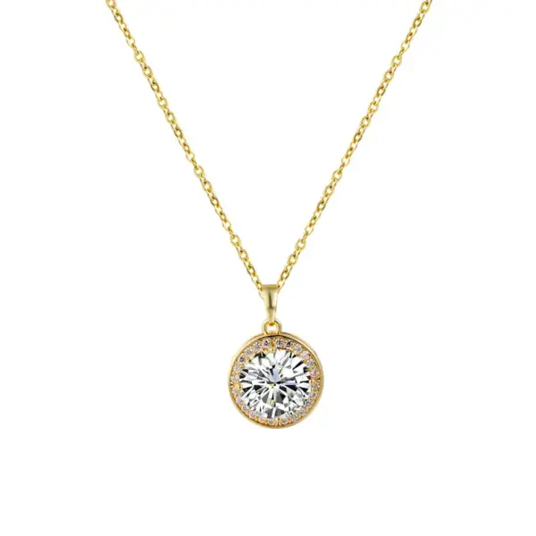 Wholesale Round Pendant Necklace With Moissanite Inlay In Copper, Electroplated Finish, Unisex Design With Cable Chain