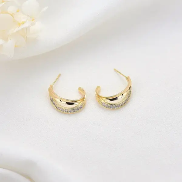 Wholesale C Shape Stud Earrings For Women Featuring 925 Sterling Silver Posts With 14K Real Gold Plated Copper And Zircon Inlay