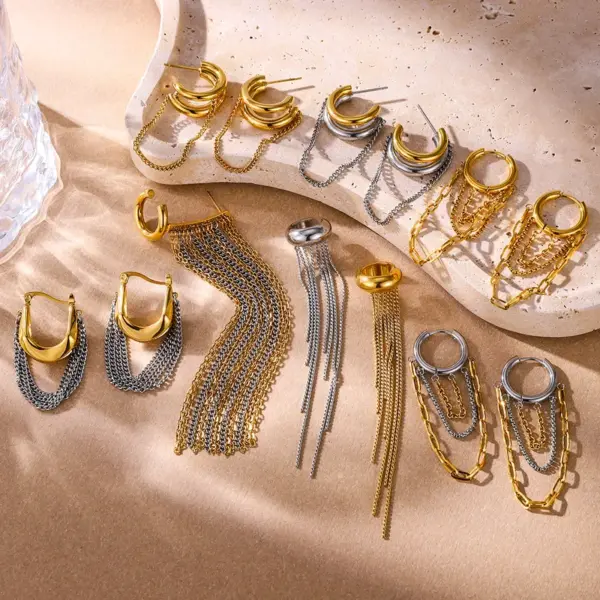 Wholesale Women's Classic Style 18K Gold Plated 304 Stainless Steel Vacuum Electroplated Geometric Color-Block Waterproof Non-Fading Asymmetric Chain Tassel Earrings Set