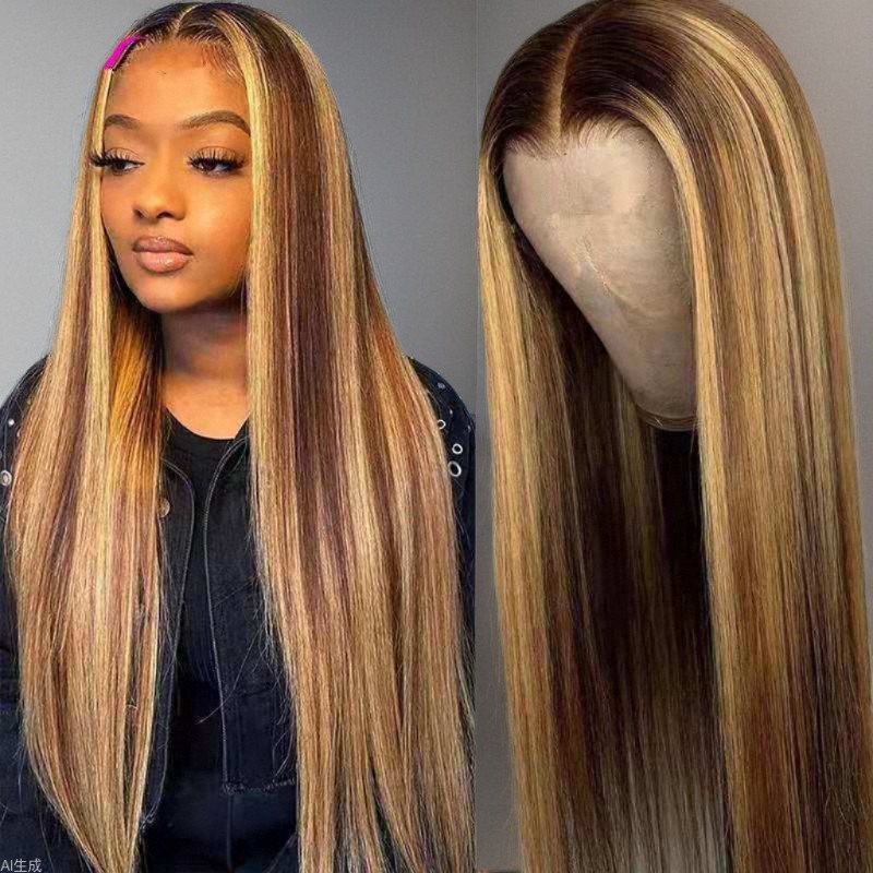 Wholesale New European and American cross-border wig ladies brown gold gradient long straight hair rose net wig set a generation of hair