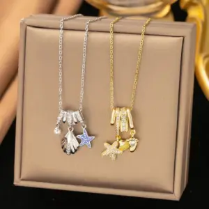Wholesale Starfish Pendant Necklace For Women With Inlay Artificial Rhinestones, 18K Real Gold Plated Copper, Water Plating, Cable Chain