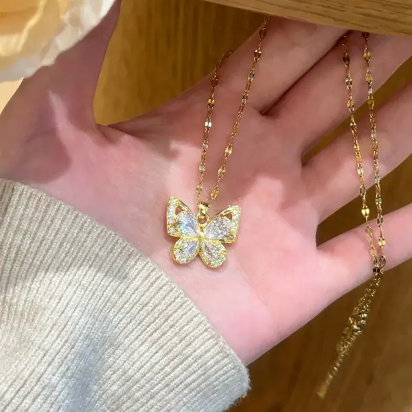 Wholesale Butterfly Necklace For Women With Claw Setting, 304 Stainless Steel, Golden Plated Water Plating, Zircon Inlay, Cable Chain