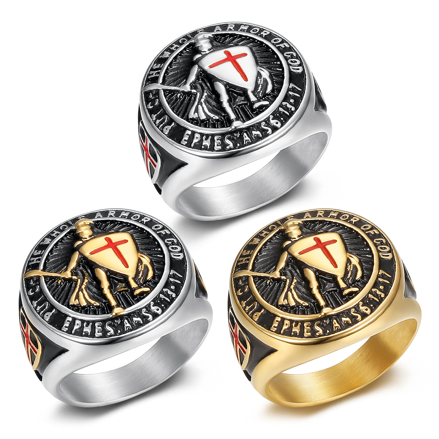 Wholesale European and American Popular Men's Titanium Steel Gold-Plated Ring Retro Temple Knight Red Cross Shield Ring