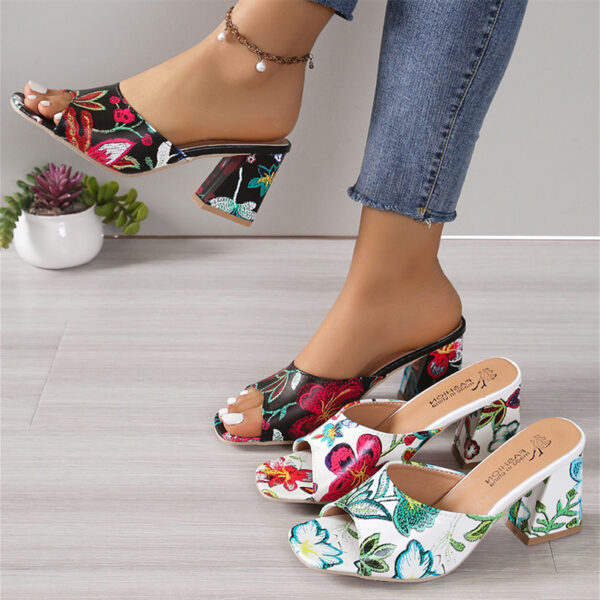 Wholesale Embroidered Open Toe High Heel Square Head Slippers Women’s plus size Coarse Heel Fashion Sandals