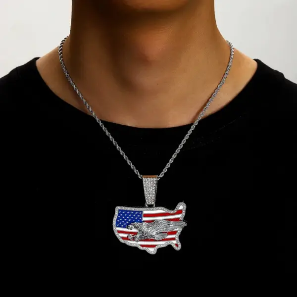 Wholesale Alloy Pendant Necklace Men's Independence Day Oil Drop Full Diamond American Flag Geometric Jewelry