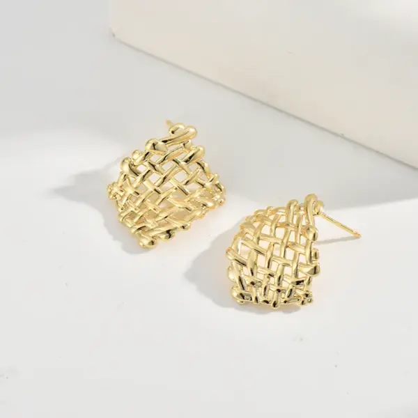 Wholesale Three-dimensional Geometric Stud Earrings For Women, Electroplated Copper With 0.01µm Golden Plated Coating