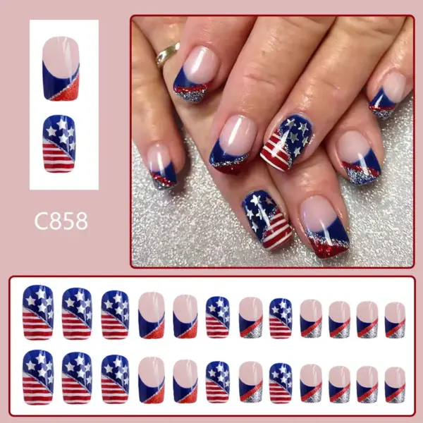 Wholesale Glossy Short Red And Blue Color Block Glitter Striped American Stars 24 Pieces Wearable Nail Art Independence Day Celebration