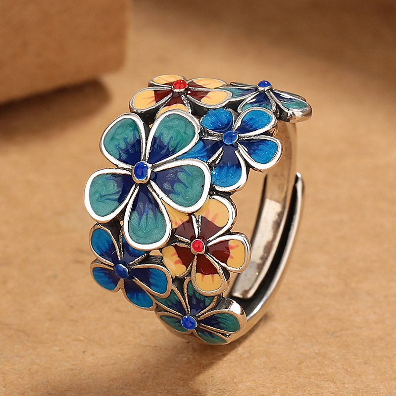 Wholesale Cloisonne Enamel Flower Ring for Women, Elegant Retro Ethnic Style Opening, Adjustable Creative Index Finger Ring