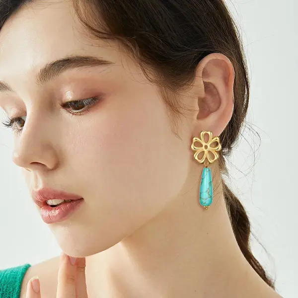 Wholesale Women’s Flowers Stud Earrings Featuring Enamel Craft And Turquoise Inlay, 18K Real Gold Plated Copper With PVD Coating