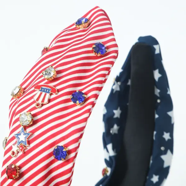 Wholesale Hot New American Flag Independence Day Headband Red White Blue Water Drill Hoop Knot Fabric Wide-brimmed Headband