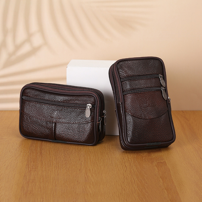 Wholesale Multi-functional mobile phone waist bag cowhide vertical horizontal multi-layer zipper large capacity coin purse belt hanging waist bag