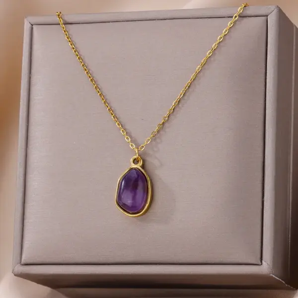oly-6bc03b82daded6df4fa9d185c99c8235 Wholesale 2pcs/set Purple Natural Stone Necklace Ring Set 18K Gold Plated Waterproof Stainless Steel Necklace Ring Two-Piece Set Simple Style Jewelry Set Women's Accessories Wholesale Christmas Gift Choice
