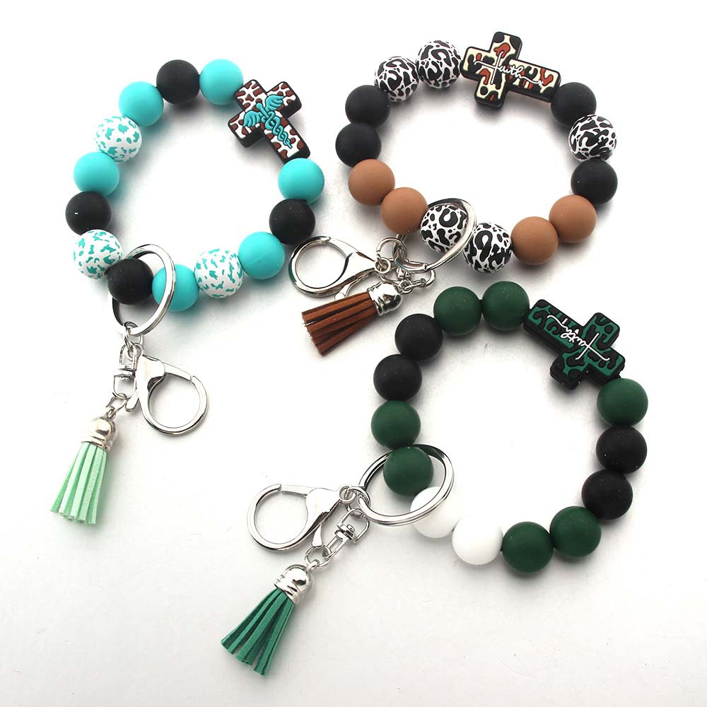 Wholesale Cross Crossing Silicone Bead Bracelet Keychain Bracelet Women's Bracelet Bag Accessories Pendant Wooden Bead Bracelet