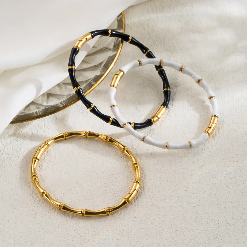 Wholesale 304 Stainless Steel Color Block Vacuum Plating Golden Plated Modern Style Simple Style Enamel Bangle