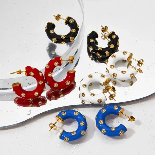 Wholesale Vacuum Electroplating (In Furnace) 304 Stainless Steel C-shaped Oil Drop Earrings Ladies Elegant Small Embedded Zircon Korean Style Popular Ear Jewelry