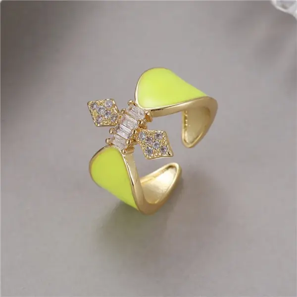 Wholesale Women’s Bow Tie Open Rings Featuring Enamel Craft And Zircon Inlay, Electroplated Copper Material