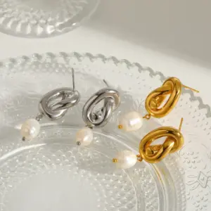 Wholesale Elegant Natural Pearl Knotted Stainless Steel 18K Gold Plated Fashionable Casual Vintage Simple Artistic Women's Earrings