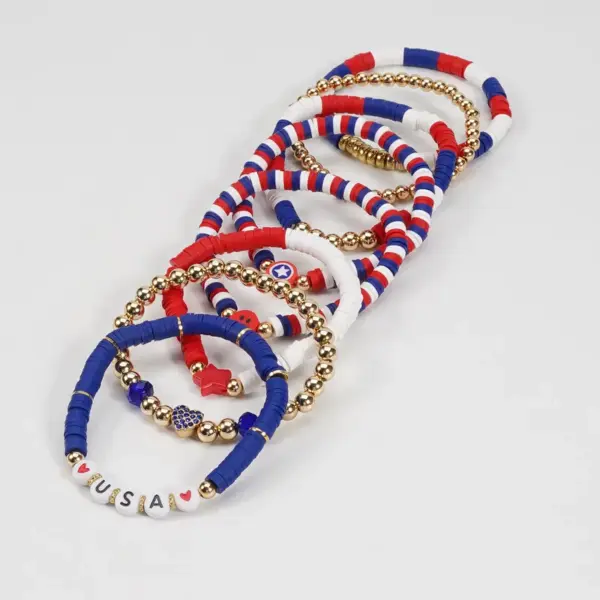 Wholesale 71st American Flag Soft Clay Beaded Bracelet Red White Blue Colorful Geometric Resin Inlaid Unisex