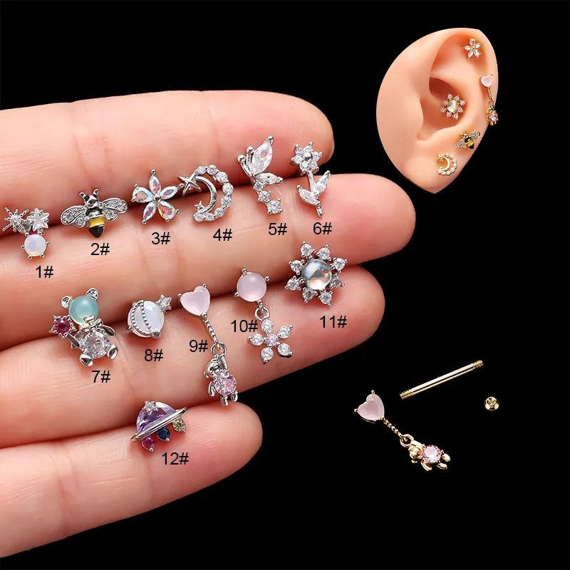 Wholesale Copper Rhinestones Ear Cartilage Rings & Studs Heart Shape Flower Waterproof Non Tarnish Surgical Steel Women'S