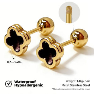 18k gold + inlaid four-leaf clover black shell stainless steel screw earrings (priced by pair, 12 pairs per pack) / [full body stainless steel material] [mirror polished furnace vacuum plating] [waterproof and non-fading]