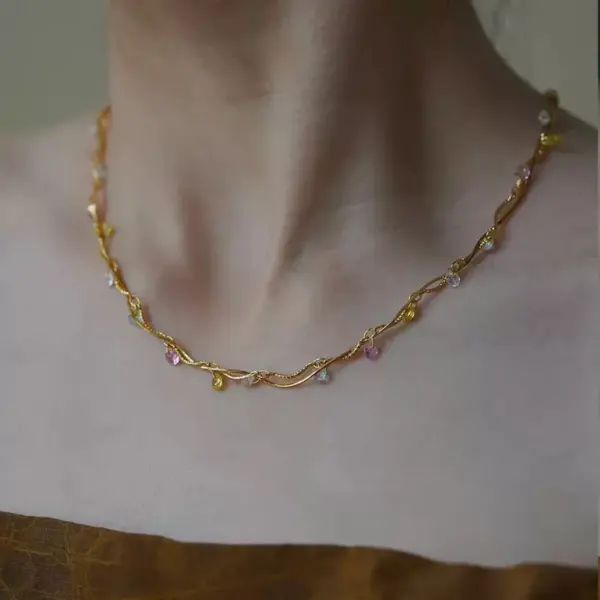 Wholesale French Style Line Wrapped Colorful Zircon Necklace For Women, Collarbone Chain, 304 Stainless Steel Gold-Plated Heart-Shaped Mixed Color Snake Chain